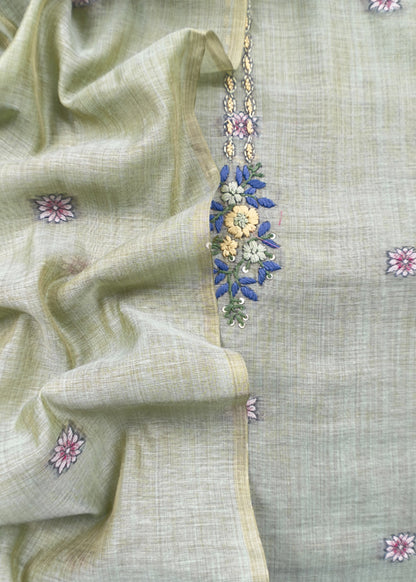 Sage Green Kantha Embroidered Pichwai Suit With Jamdani Weaving