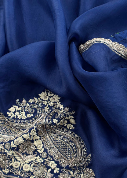 Royal Blue Luxe Handloom Dupion Silk Kurta and Kora Silk Dupatta With Handwork