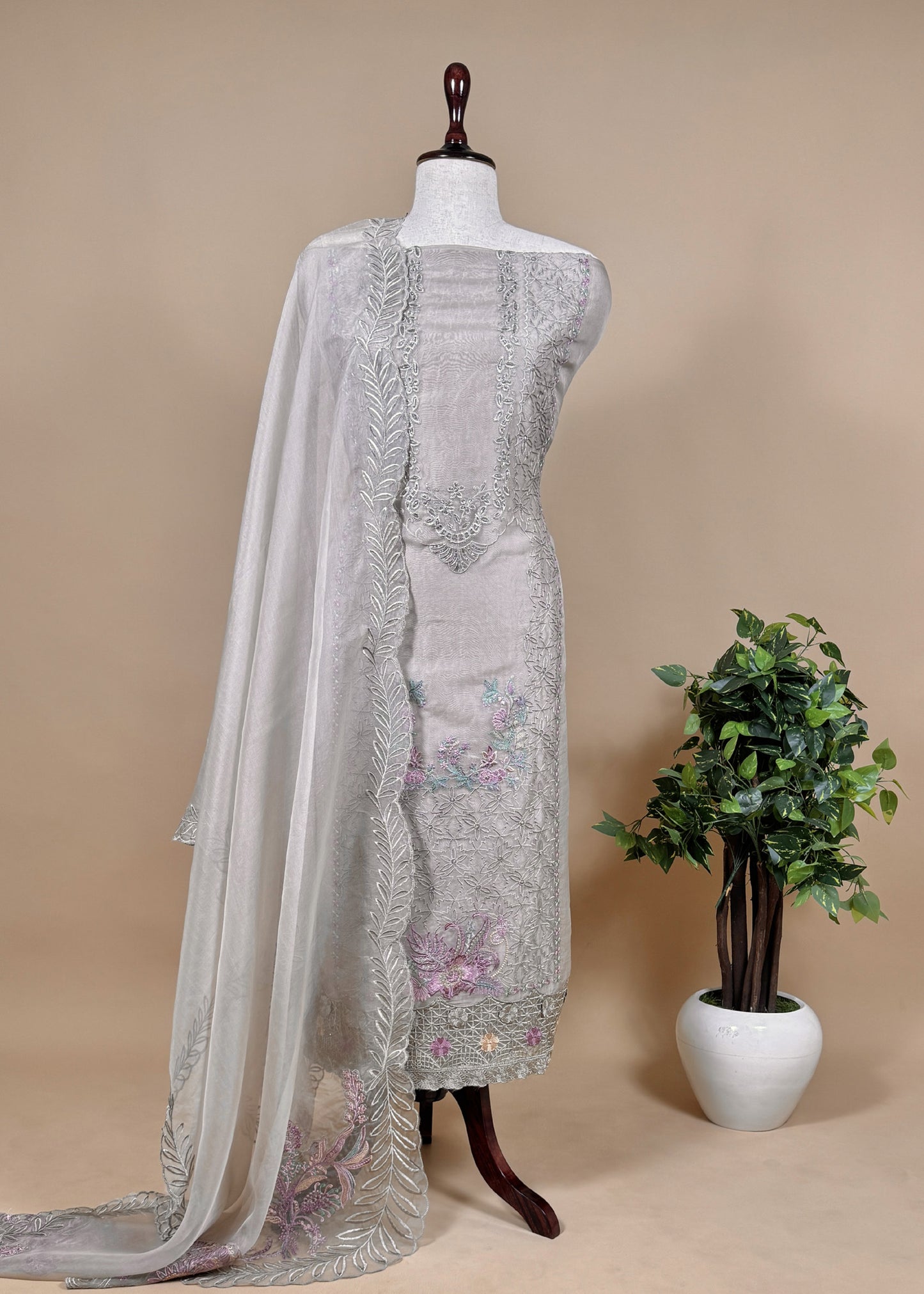 Pure organza silk kurta and dupatta with plain bottom