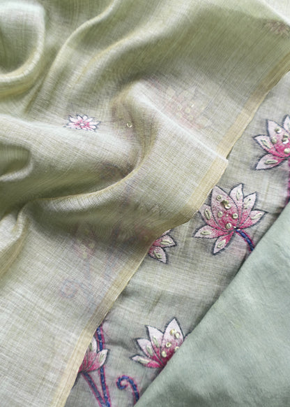 Sage Green Kantha Embroidered Pichwai Suit With Jamdani Weaving
