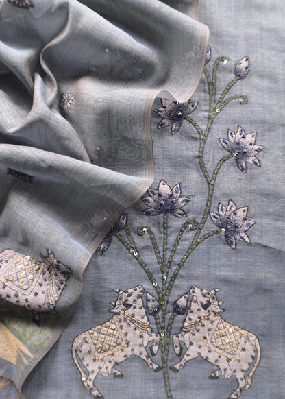 Steel Blue Kantha Embroidered Pichwai Suit With Jamdani Weaving