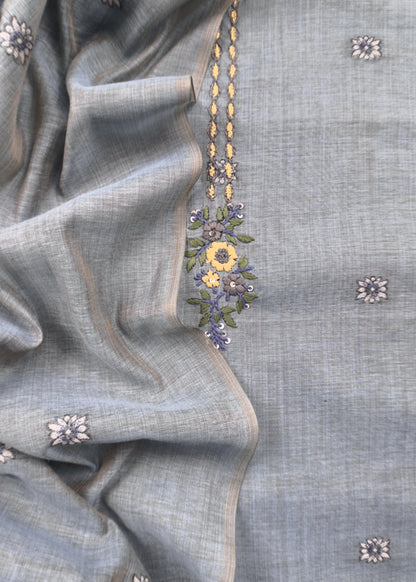 Steel Blue Kantha Embroidered Pichwai Suit With Jamdani Weaving
