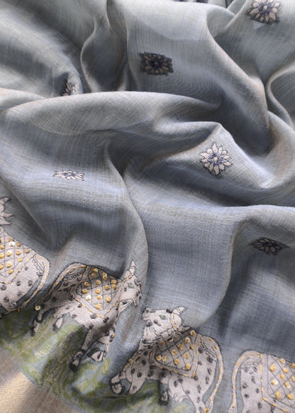 Steel Blue Kantha Embroidered Pichwai Suit With Jamdani Weaving