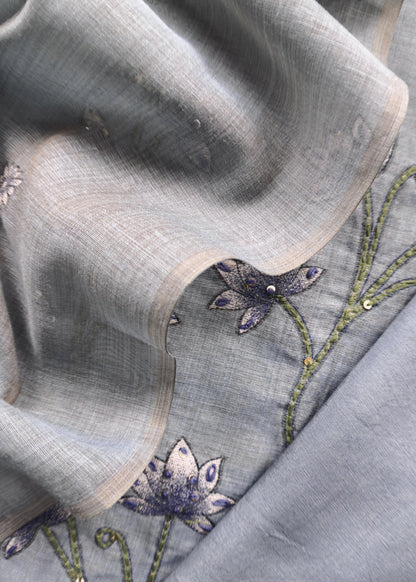 Steel Blue Kantha Embroidered Pichwai Suit With Jamdani Weaving
