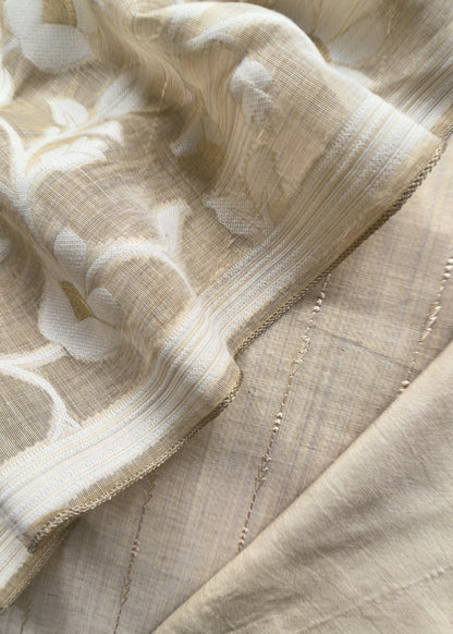 Beige Jamdani Weaved Linen Chanderi Suit With Resham Thread Embroidery