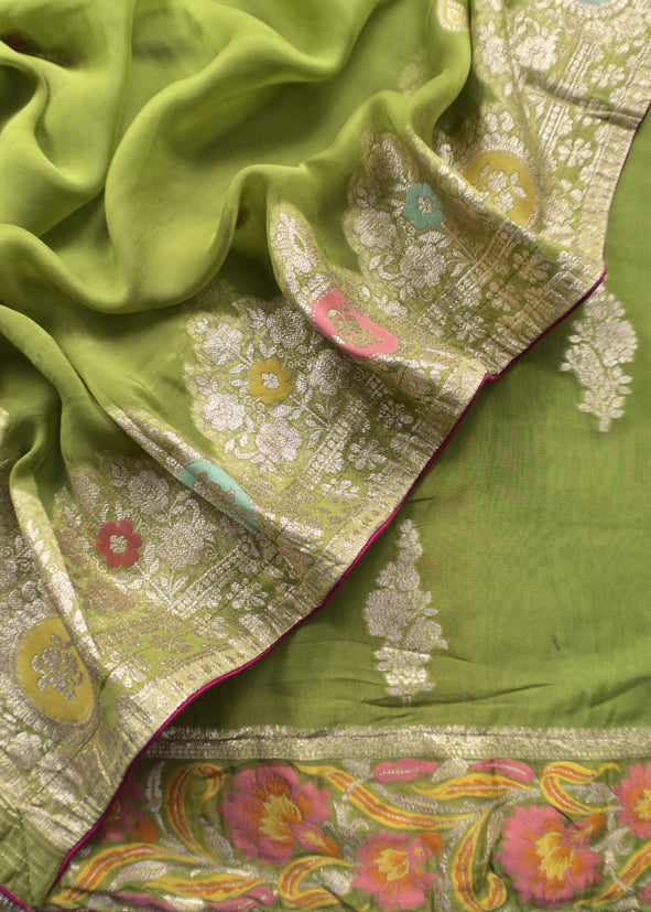 Green Georgette Organza Unstitched Suit With Meenakari Work