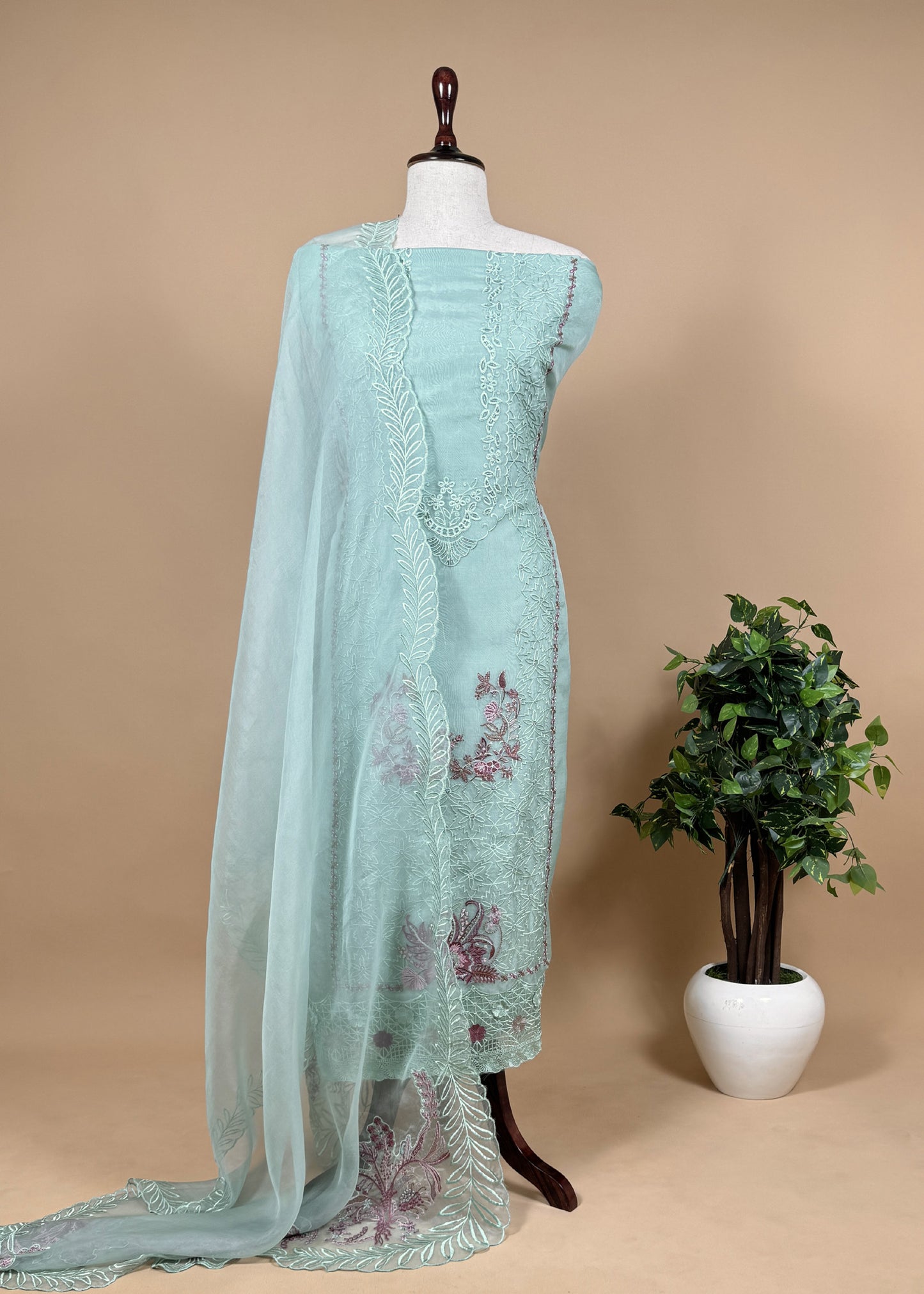 Chikoo Grey Pure organza silk kurta and dupatta with plain bottom