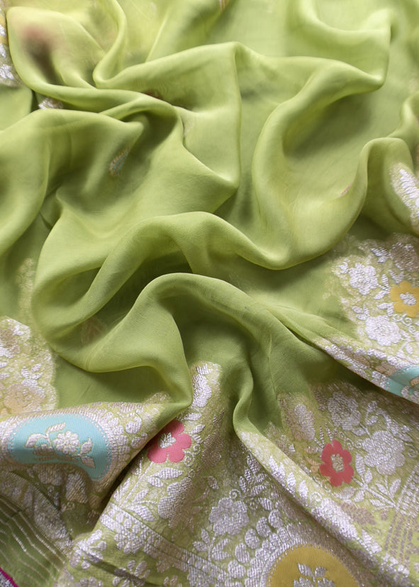 Green Georgette Organza Unstitched Suit With Meenakari Work