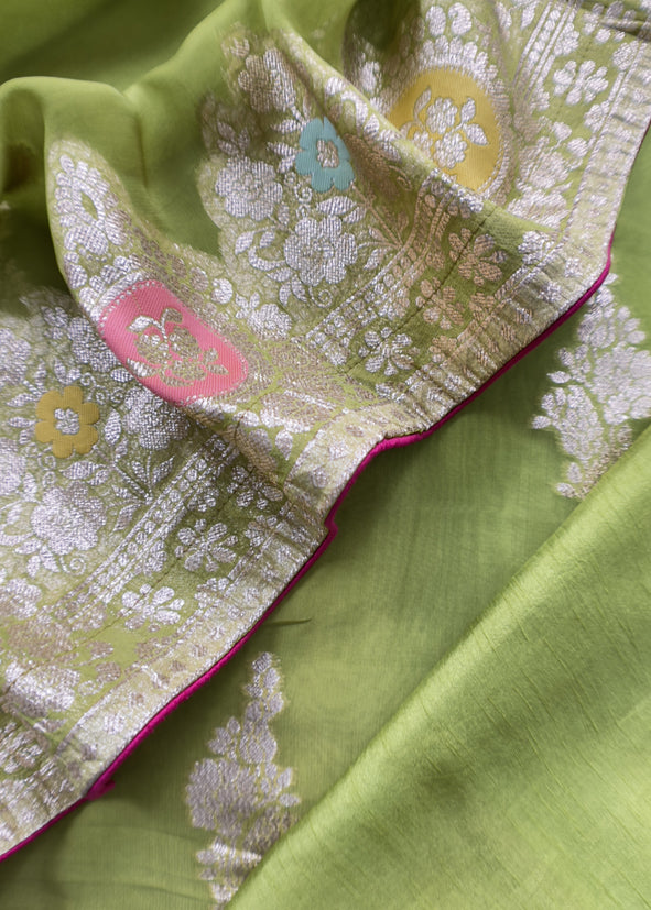 Green Georgette Organza Unstitched Suit With Meenakari Work