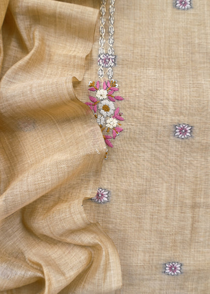 Mustard Kantha Embroidered Pichwai Suit With Jamdani Weaving