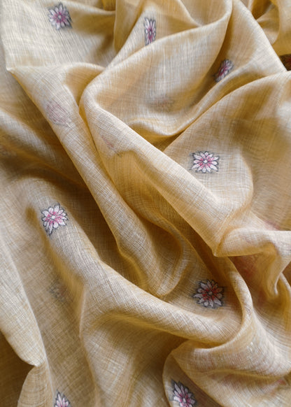 Mustard Kantha Embroidered Pichwai Suit With Jamdani Weaving
