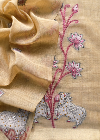 Mustard Kantha Embroidered Pichwai Suit With Jamdani Weaving
