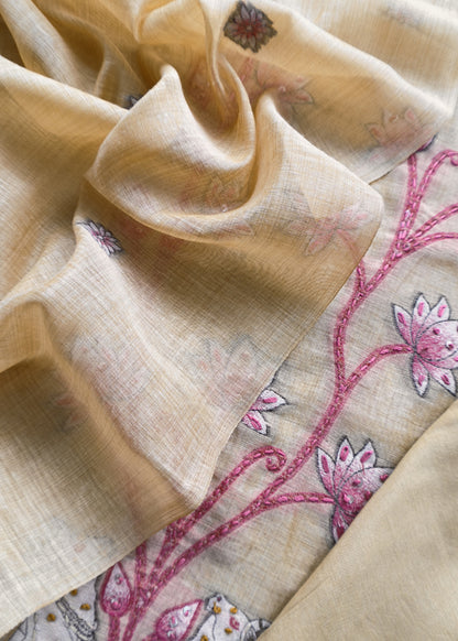 Mustard Kantha Embroidered Pichwai Suit With Jamdani Weaving