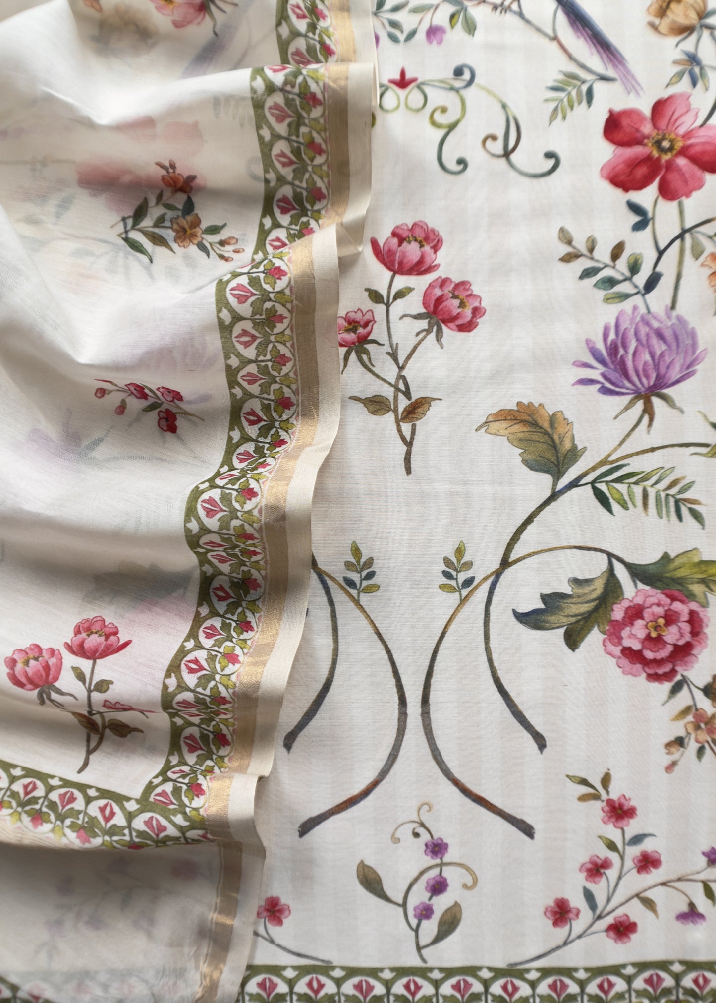 Ivory White Royal Handloom Jaipuri Print Maheshwari Suit