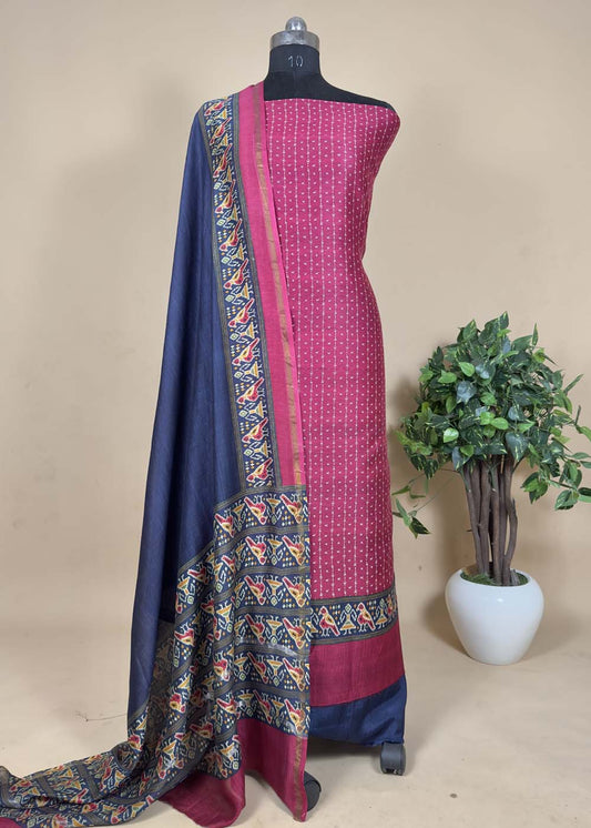 Pink Blue Patola Maheshwari Silk Suit Set