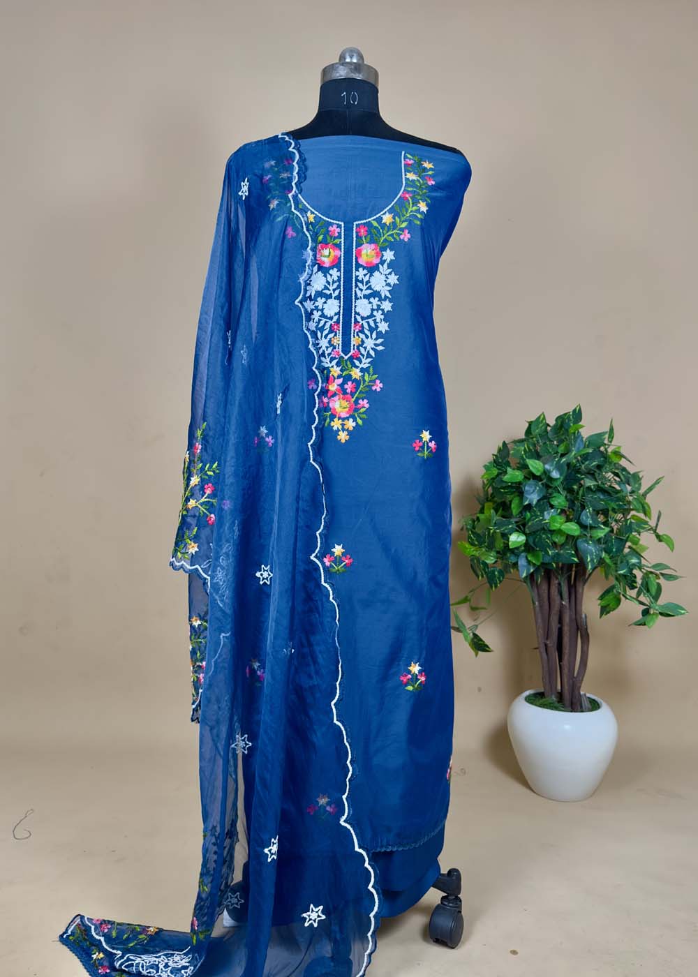 Blue Embroidered Organza Suit