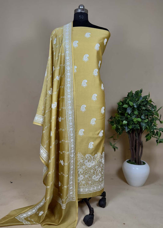 Yellow Maheshwari Silk Chikankari Embroidered Suit Set