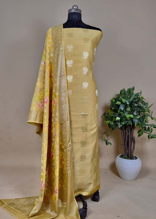 Golden yellow Banarasi Suit In Chanderi With Kalamkari Dupatta