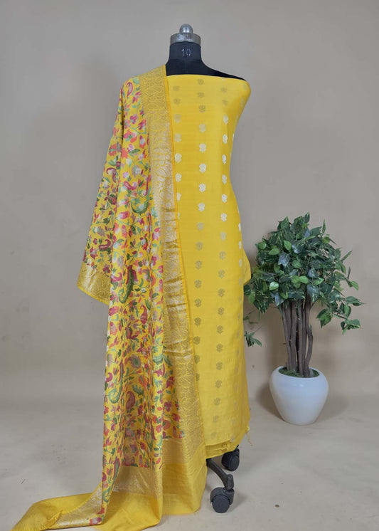 Yellow Banarasi Suit With Kalamkari Dupatta
