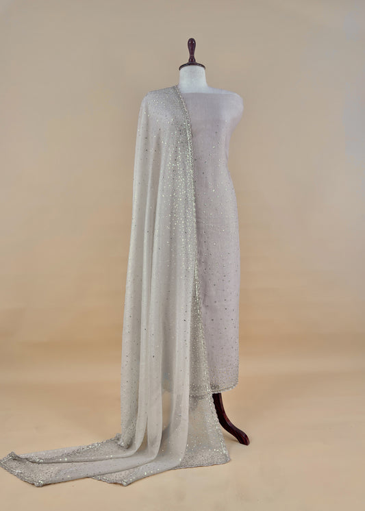 Dove White Pure Crushed Tissue Silk Suit Fabric With Mukaish And Hand Work