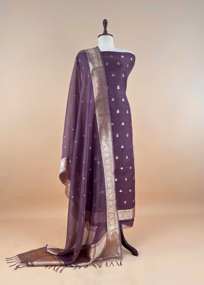 Purple Pure Kora Silk Kadwa Weaves Unstitched Suit With Dupatta