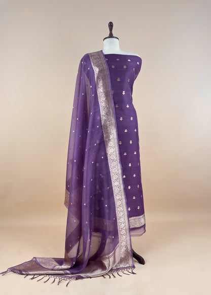 Purple Pure Kora Silk Kadwa Weaves Unstitched Suit With Dupatta