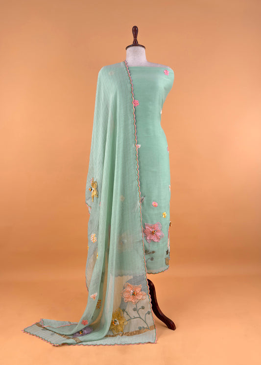 Green Pastel Gardens Handloom Mulmul Embroidered Suit Set With 3d Applique Work