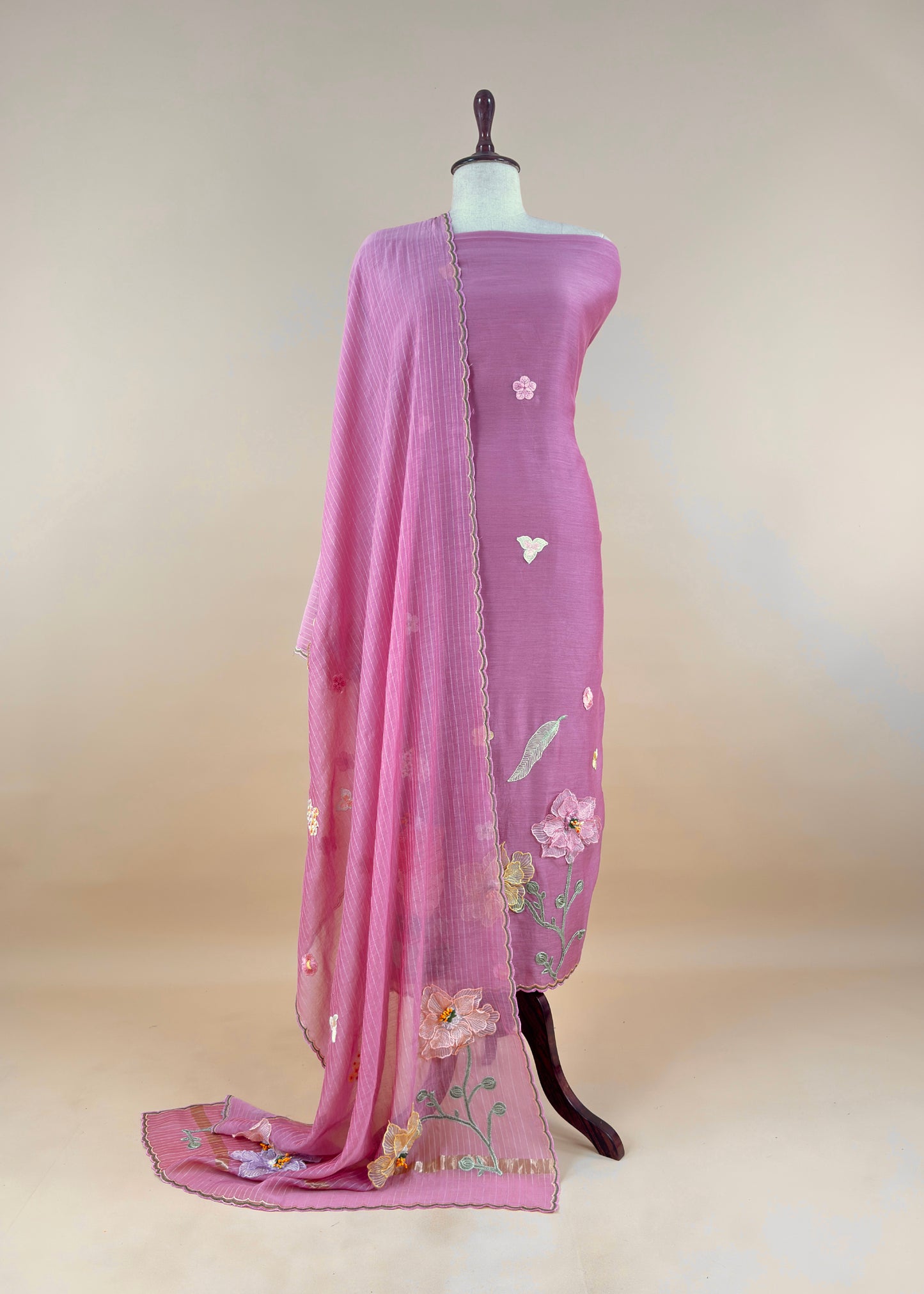 Pink Pastel Gardens Handloom Mulmul Embroidered Suit Set With 3d Applique Work