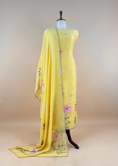 Yellow Pastel Gardens Handloom Mulmul Embroidered Suit Set With 3d Applique Work