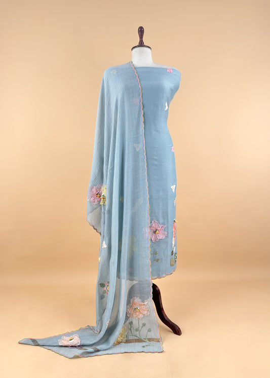 Blue Pastel Gardens Handloom Mulmul Embroidered Suit Set with 3d Applique Work