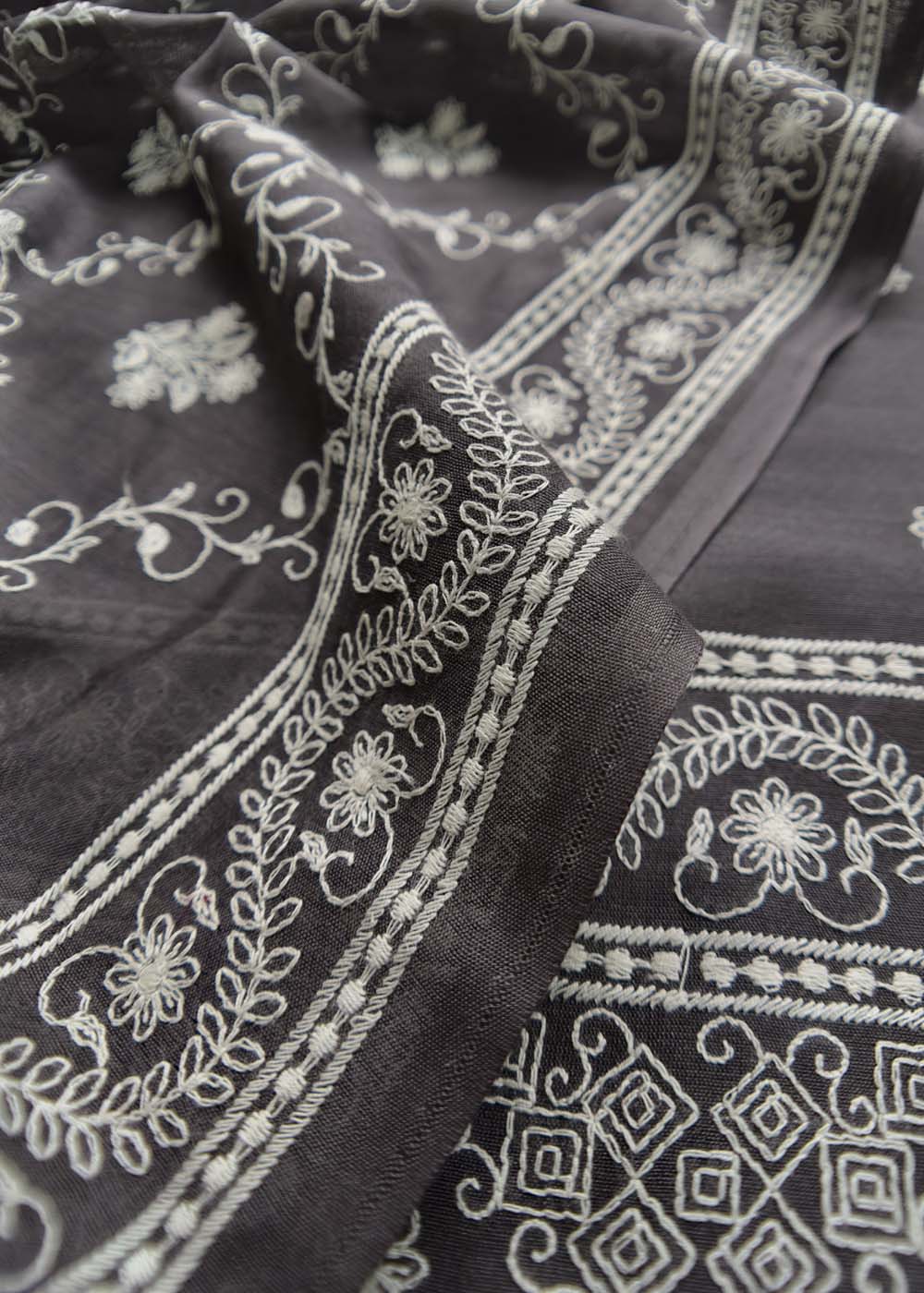 Dark Grey Maheshwari Silk Chikankari Embroidered Suit Set