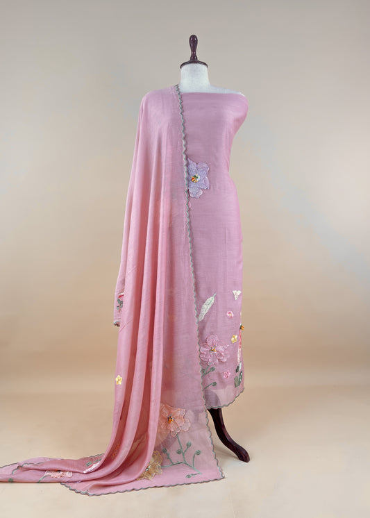 Baby Pink Pastel Gardens Handloom Mulmul Embroidered Suit Set With 3d Applique Work