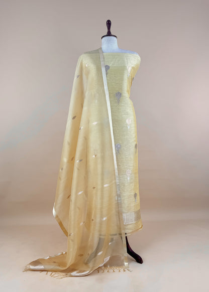 Beige Handloom Kadwa-Woven Linen Silk Suit with Kora Silk Dupatta