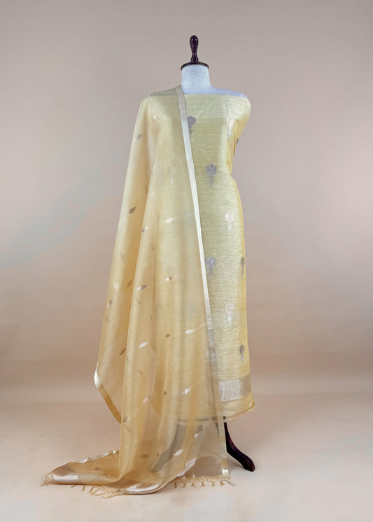 Light Yellow Handloom Kadwa-Woven Linen Silk Suit with Kora Silk Dupatta