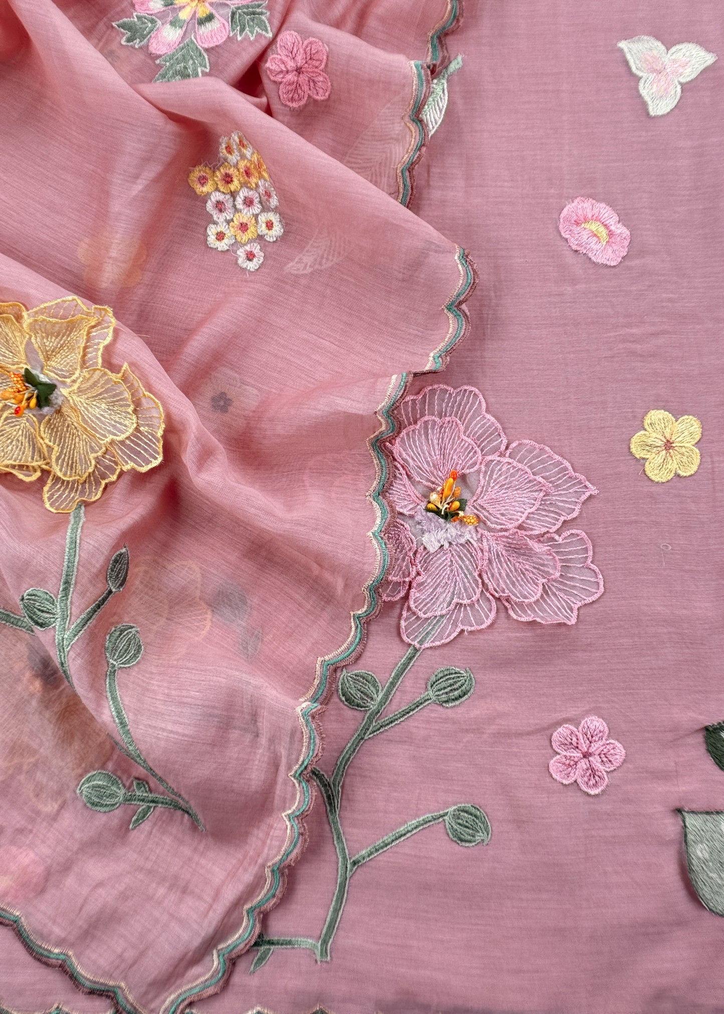 Baby Pink Pastel Gardens Handloom Mulmul Embroidered Suit Set With 3d Applique Work