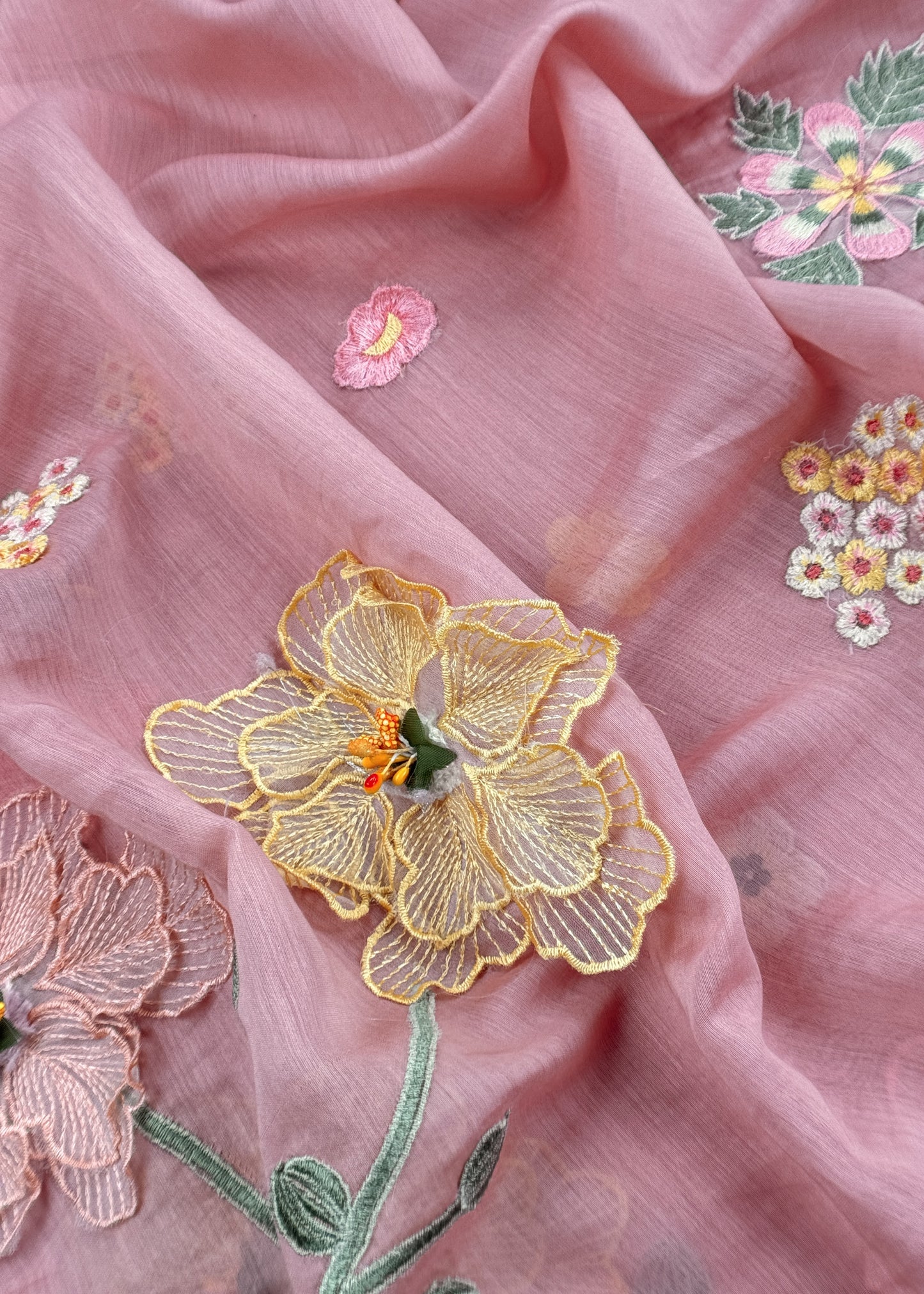 Baby Pink Pastel Gardens Handloom Mulmul Embroidered Suit Set With 3d Applique Work