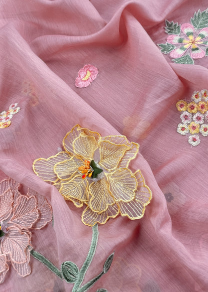 Baby Pink Pastel Gardens Handloom Mulmul Embroidered Suit Set With 3d Applique Work