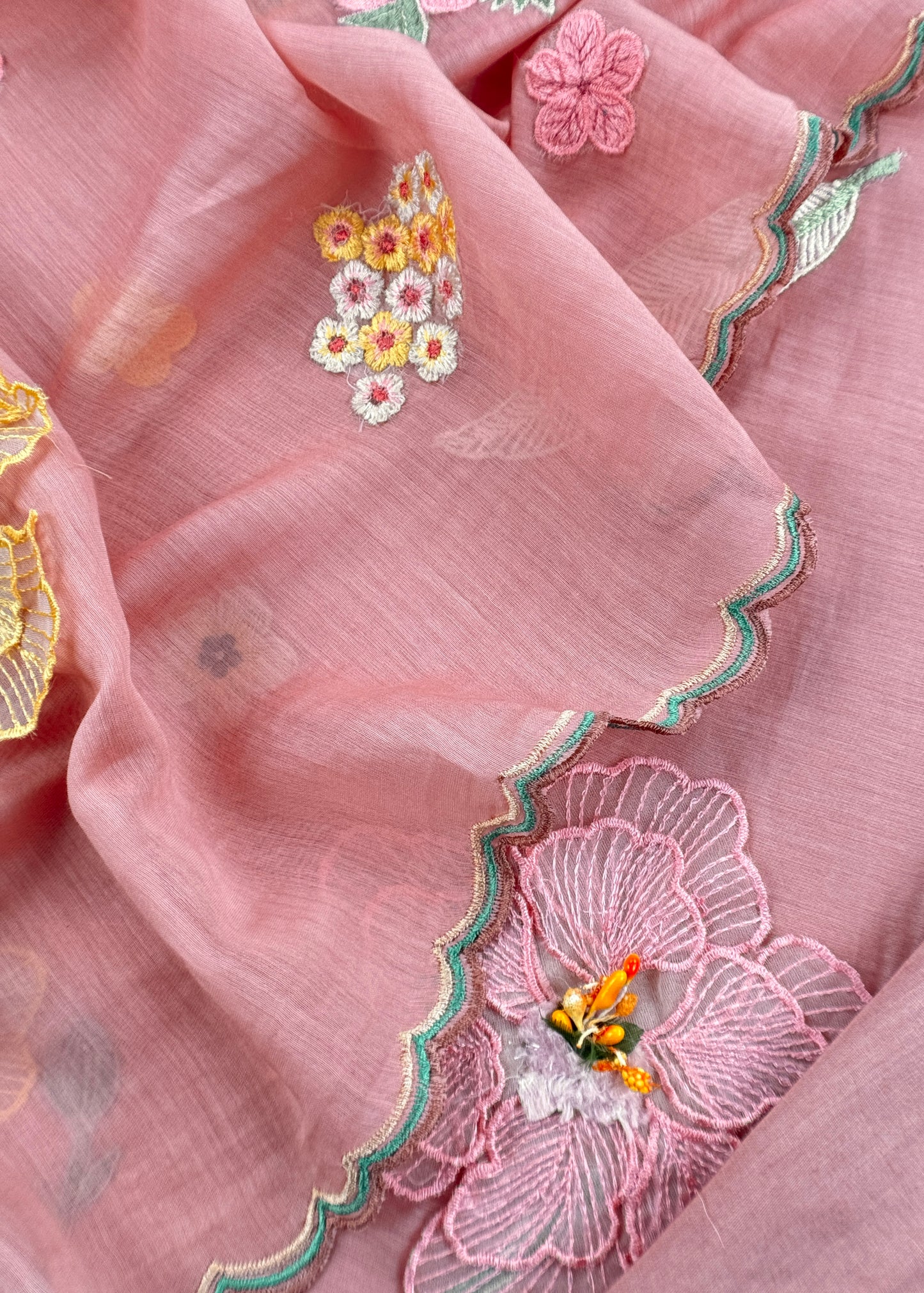 Baby Pink Pastel Gardens Handloom Mulmul Embroidered Suit Set With 3d Applique Work