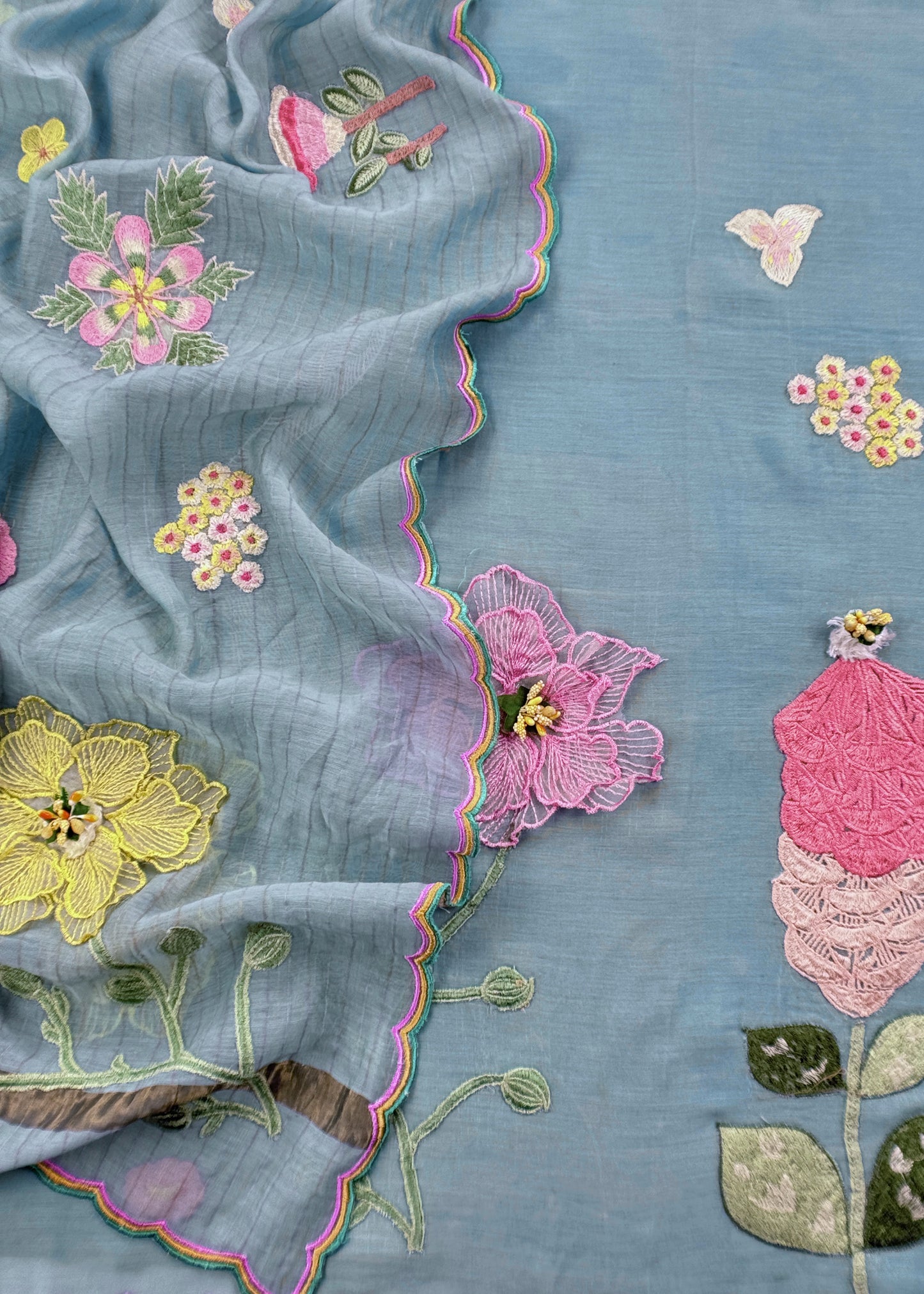 Blue Pastel Gardens Handloom Mulmul Embroidered Suit Set with 3d Applique Work