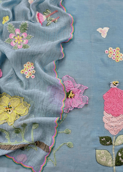 Blue Pastel Gardens Handloom Mulmul Embroidered Suit Set with 3d Applique Work