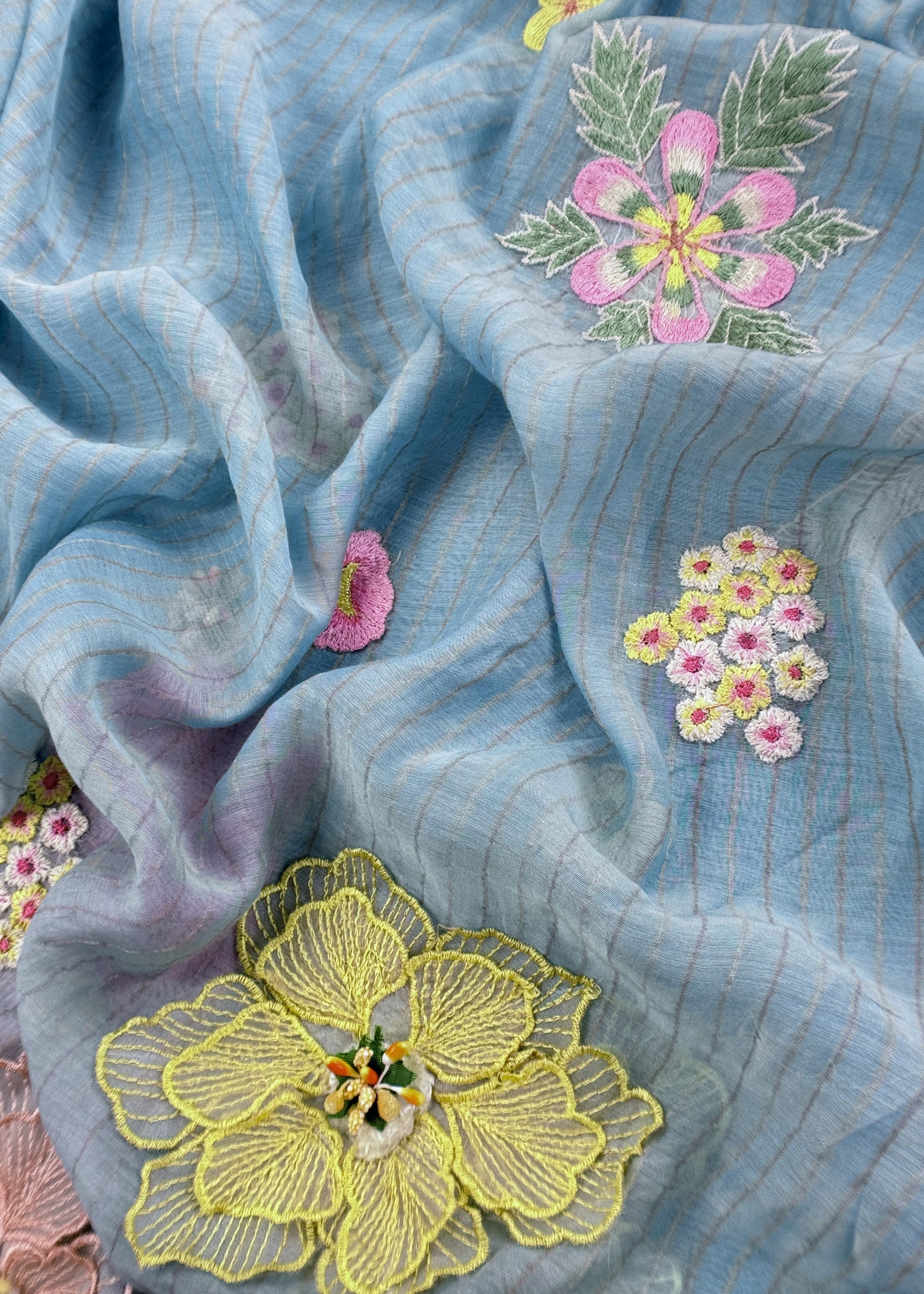 Blue Pastel Gardens Handloom Mulmul Embroidered Suit Set with 3d Applique Work