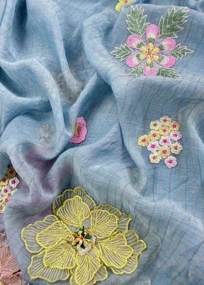 Blue Pastel Gardens Handloom Mulmul Embroidered Suit Set with 3d Applique Work