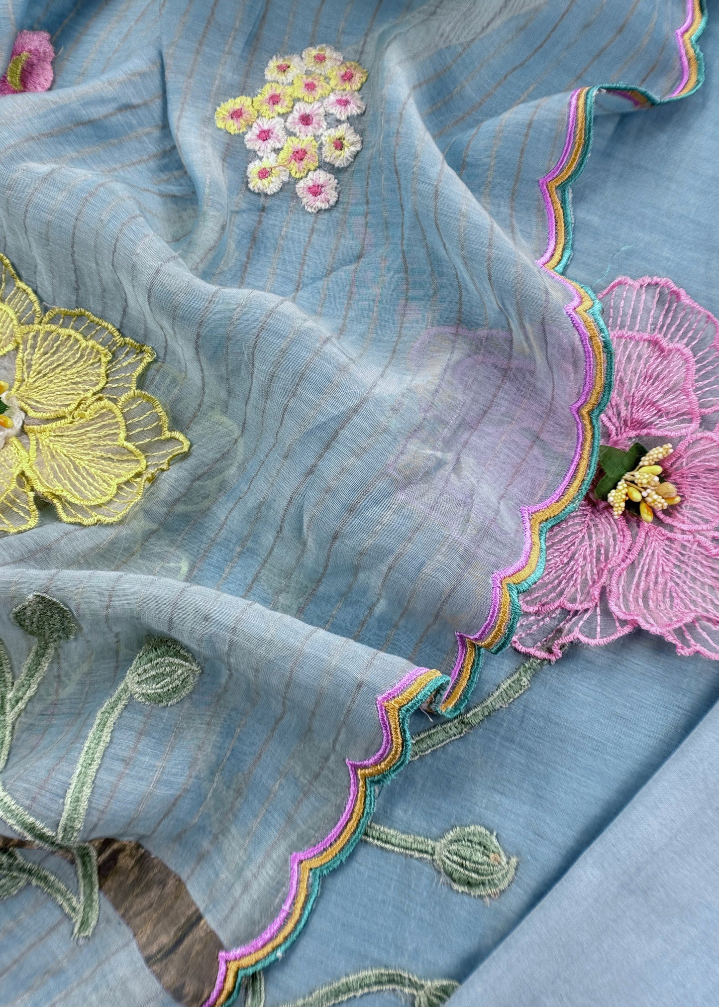 Blue Pastel Gardens Handloom Mulmul Embroidered Suit Set with 3d Applique Work