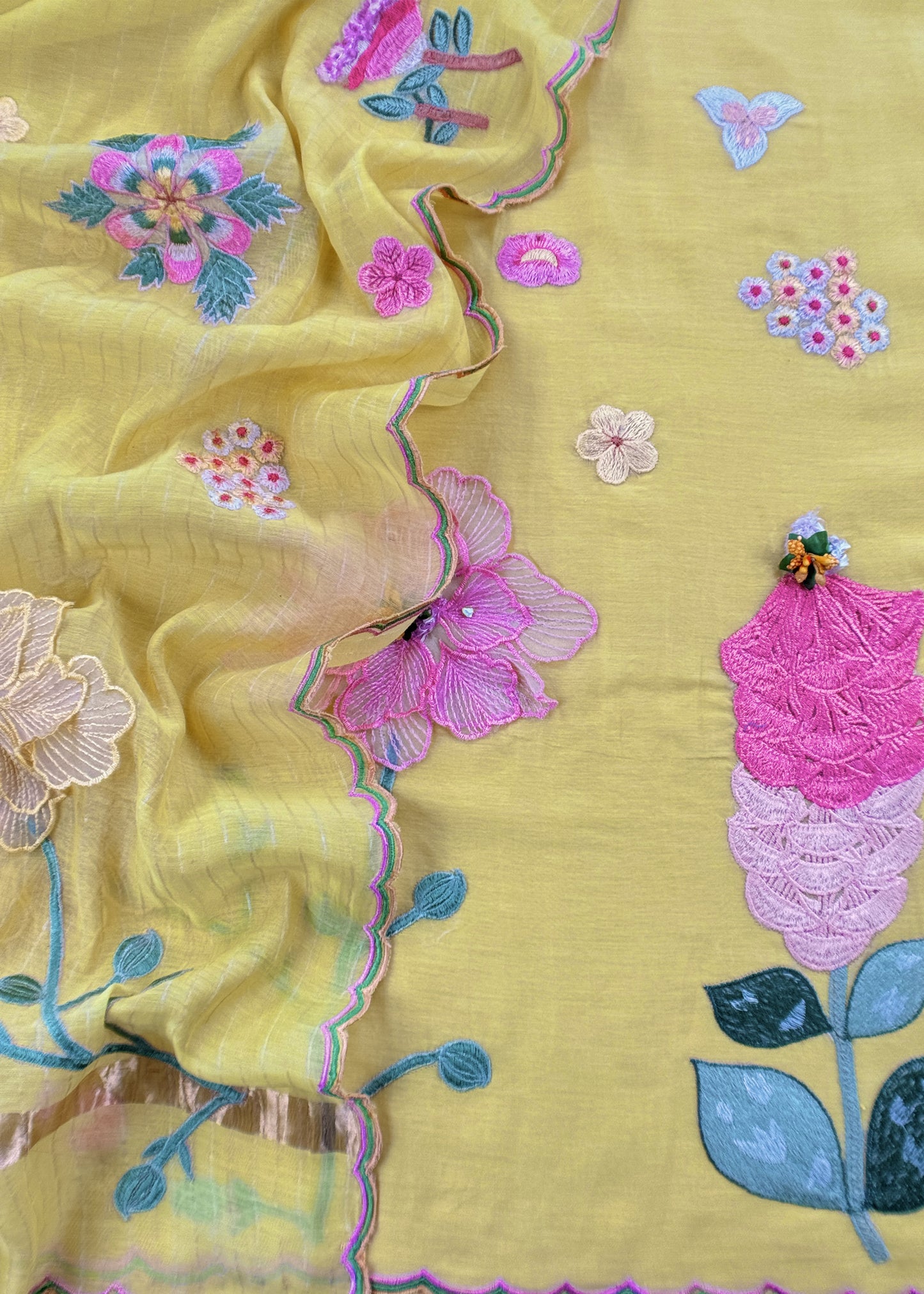 Yellow Pastel Gardens Handloom Mulmul Embroidered Suit Set With 3d Applique Work
