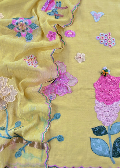 Yellow Pastel Gardens Handloom Mulmul Embroidered Suit Set With 3d Applique Work