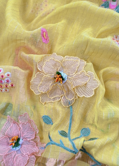 Yellow Pastel Gardens Handloom Mulmul Embroidered Suit Set With 3d Applique Work