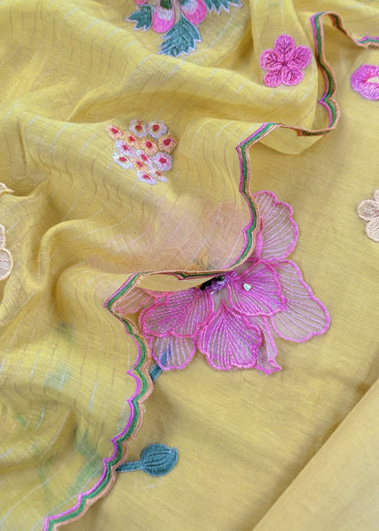 Yellow Pastel Gardens Handloom Mulmul Embroidered Suit Set With 3d Applique Work