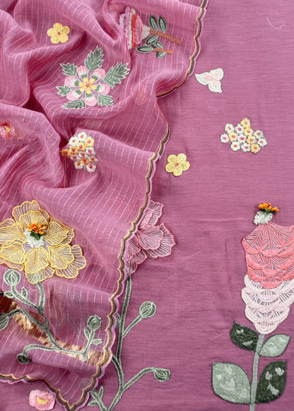 Pink Pastel Gardens Handloom Mulmul Embroidered Suit Set With 3d Applique Work
