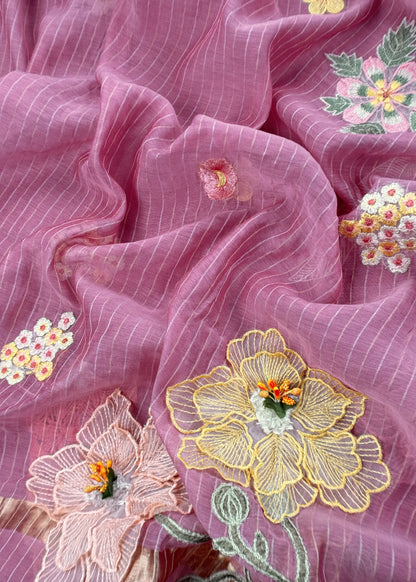 Pink Pastel Gardens Handloom Mulmul Embroidered Suit Set With 3d Applique Work