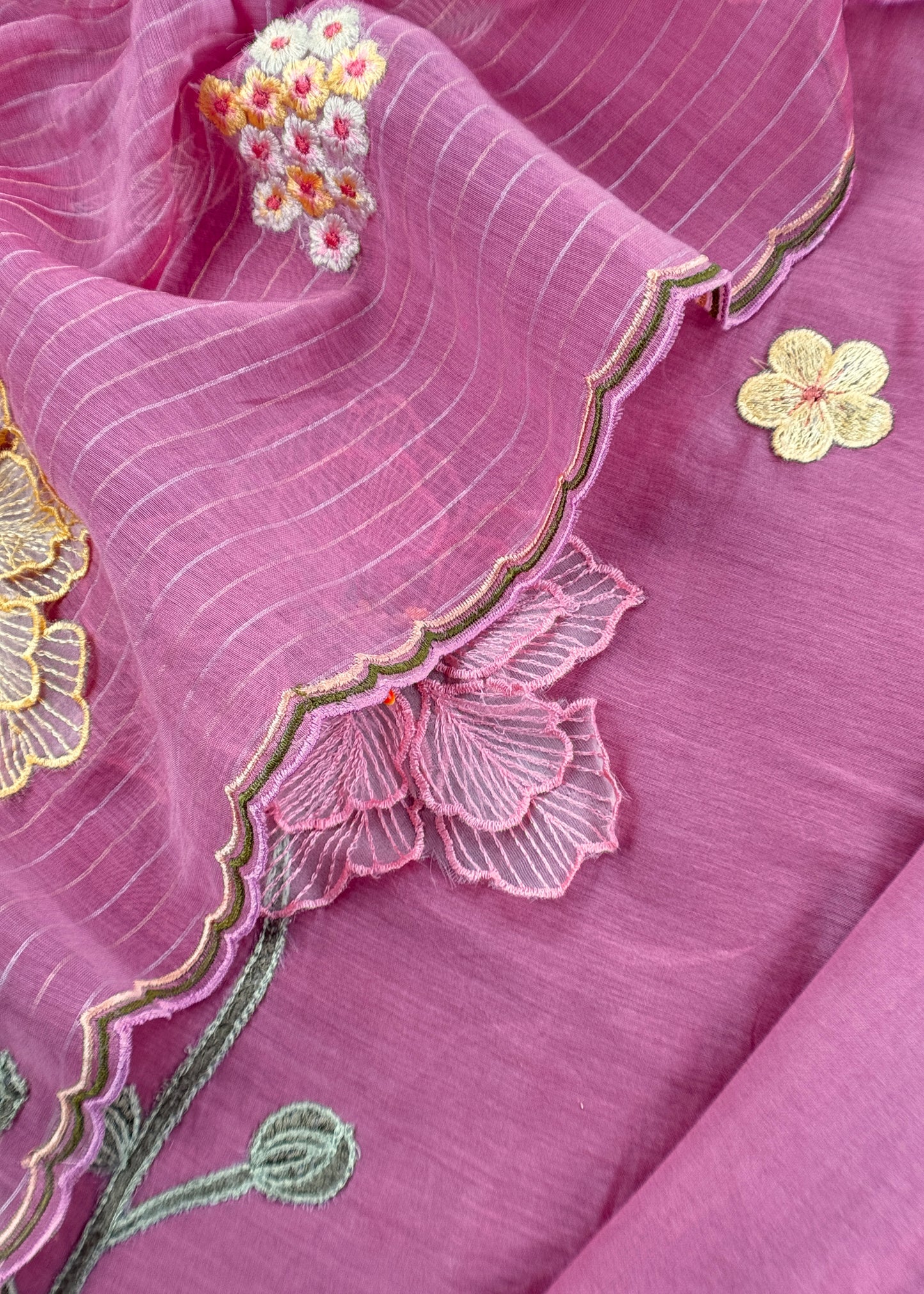 Pink Pastel Gardens Handloom Mulmul Embroidered Suit Set With 3d Applique Work